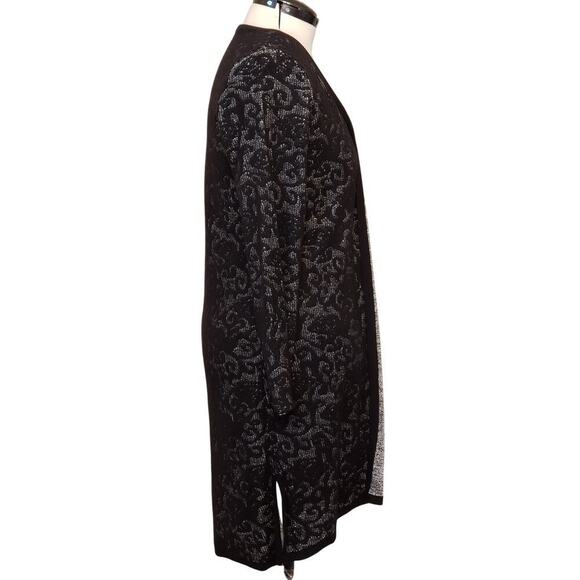 Chicos Black Silver Metallic Brocade Wool Blend Open Front Midi Cardigan SZ 2(L) - Picture 3 of 9